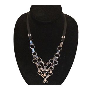 Futuristic Silver Chain Necklace with Black Strap